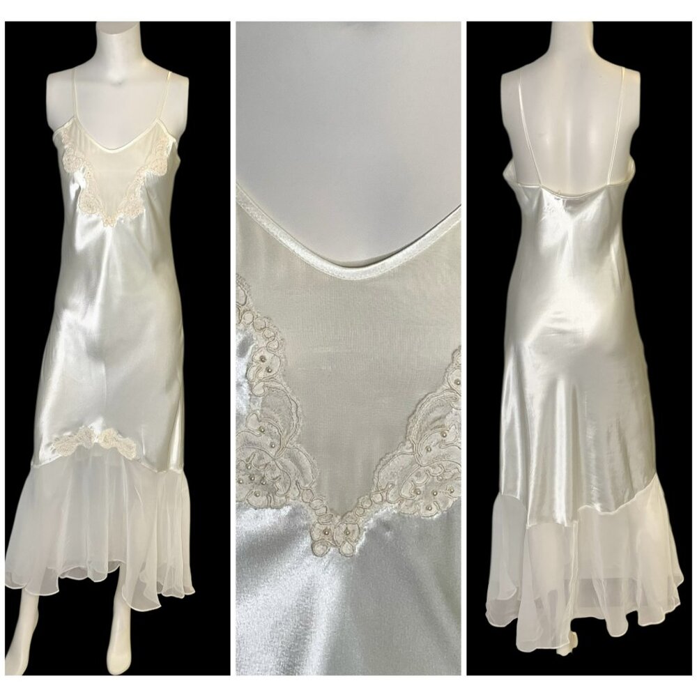VTG Victoria's Secret Gold Label Satin Lace Slip Dress S Ivory Chiffon Nightgown